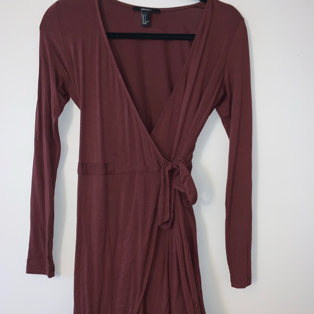 ❤️ Maroon v-neck wrap long dress w leg slit